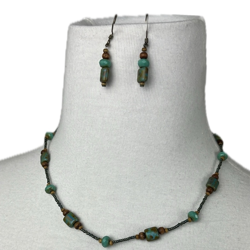 Hand Made Aqua Faux Turquoise Brown Beaded Necklace & Earring Set Bohemian